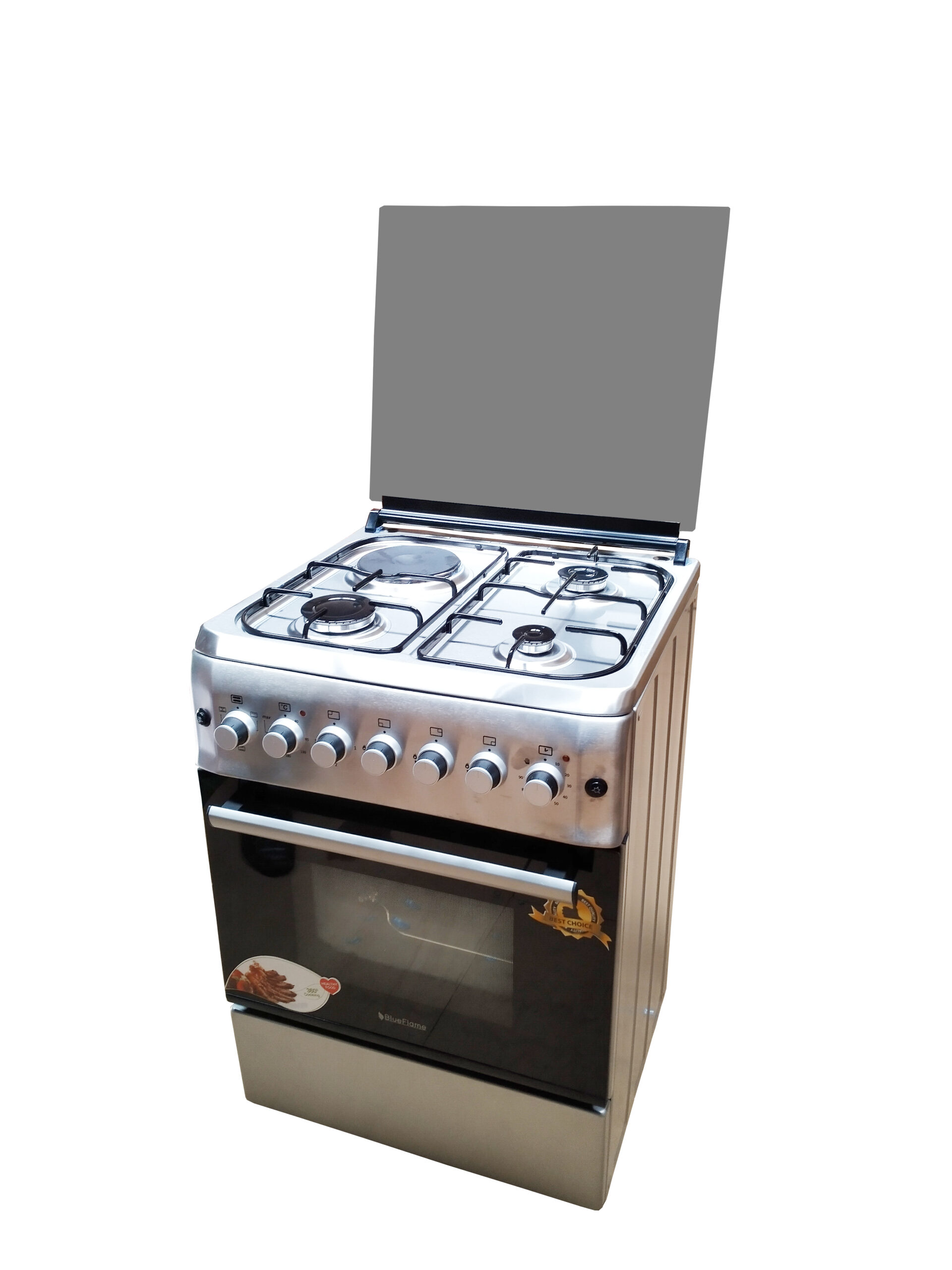 BlueFlame cooker S6031EFRP – L 60x60cm, 3 gas burners and 1electric hot plate with electric oven inox – stainless