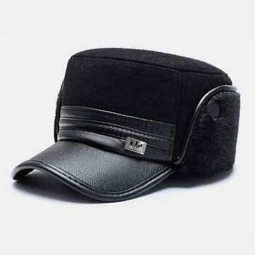 Muži vlněná látka PU lemování patchwork kovová značka venkovní ochrana sluchu teple plochá čepice