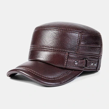 Pánská Flat Top Cap Cowhide Vestavěné Earmuffs Větruvzdorná Varm Vojenská čepice Earflap Klobouk