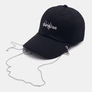 Unisex bavlněná kšiltovka s jednobarevným vzorem, vyšívaným písmem, dlouhým řetězem a dekorací, vhodná pro všechny