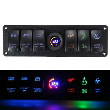 12V-24V 6 Gang LED Digital Voltmeter Marine Ignition Toggle Rocker Switch Panel