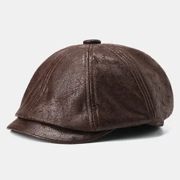 Herre Knækket PU Læder Newsboy Hat Retro Beret Kasketter