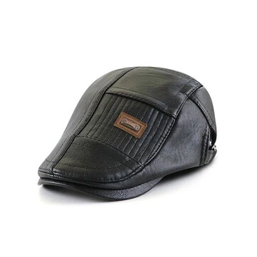 Collrown Beret Herre Justerbar PU Læder Flad Cap Stitch Newsboy Cap Kørsel Fiskeri Cabbie Hat Spids Cap til Efterår Vinter