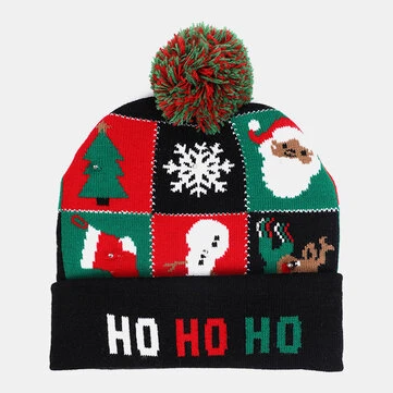 Børn Voksen Jacquard Brev Tegneserie Mønster Varm Festlig Julehat Strikket Hat Beanie med Lysende Led Lys