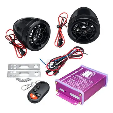 12V Tyverisikring Motorcykel Alarm System MP3 FM SD USB Fjernstart+2 Horn