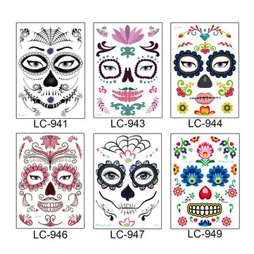 Halloween Cosplay Vandtæt Midlertidig Skull Face Tattoo Sticker Makeup Kjole Kunst Rekvisitter