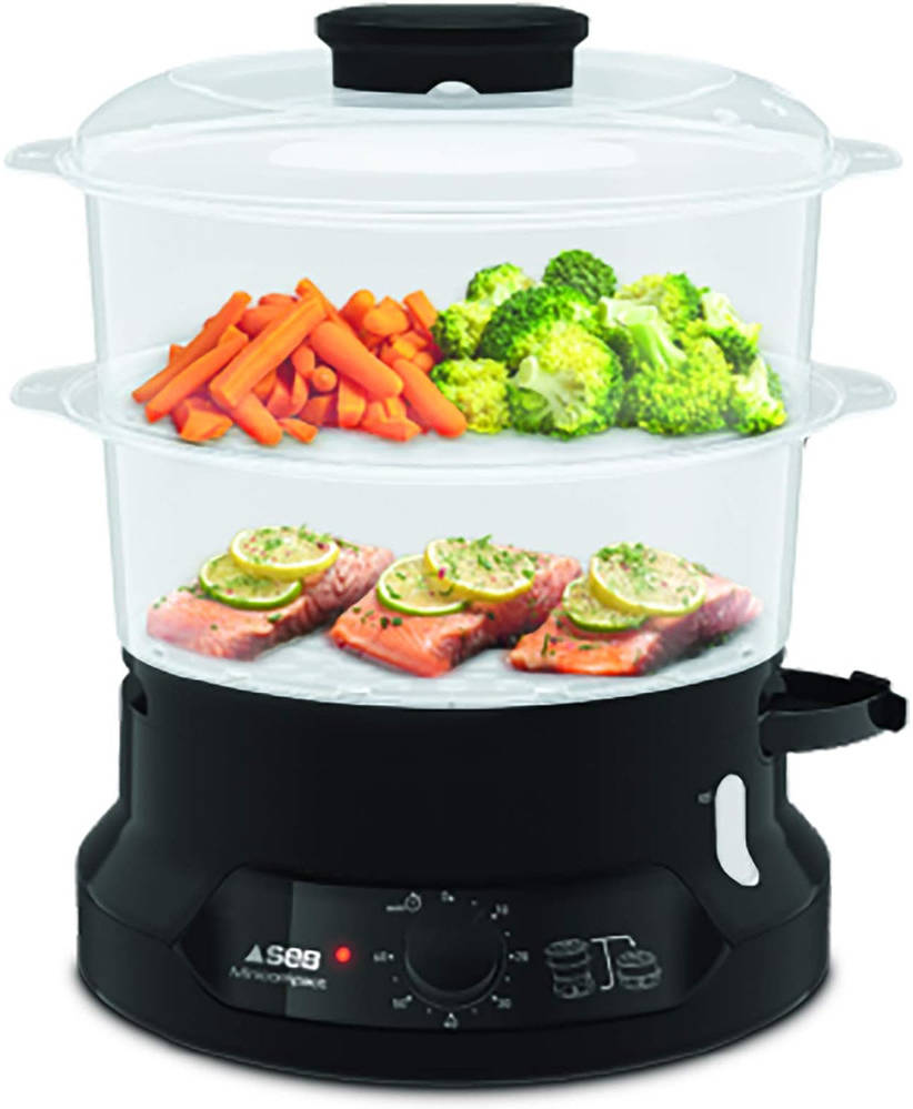 Tefal Minicompact Steam Cooker, 2-Tier Food Steamer, Stackable Storage System, BPA-Free Bowls, 60-Min Timer, Refill While Steaming, Rice Accessory, Removable Cooking Bowls, Black, VC139865