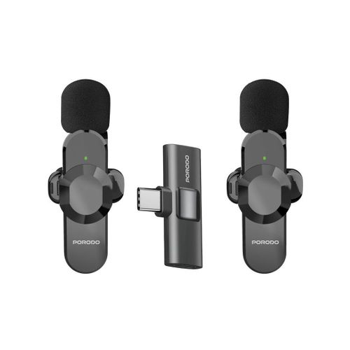 Porodo Audix Pro Lavalier Dual Microphone for Type-C Connector With Lightning Converter 3H Working Time, Precise Reverb, Instant Wireless Setup, Auto Paring Technology, Crystal Clear Audio for Recordi