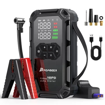 POPDEER PD-JA66 6000A Starthilfegerät mit 160PSI Luftkompressor, aufblasbare Pumpe, LCD-Display, USB-Anschluss, LED-Licht für alle Benzin- / 8L-Dieselmotoren